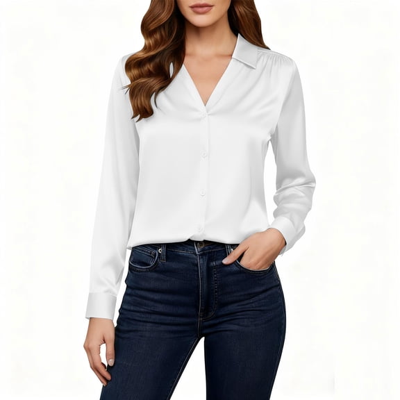 UTSJKR Womens Business Casual Tops Dressy Work Long Sleeve Shirts Collared V Neck Silk Satin Blouses Cute Spring Outfits White XXL