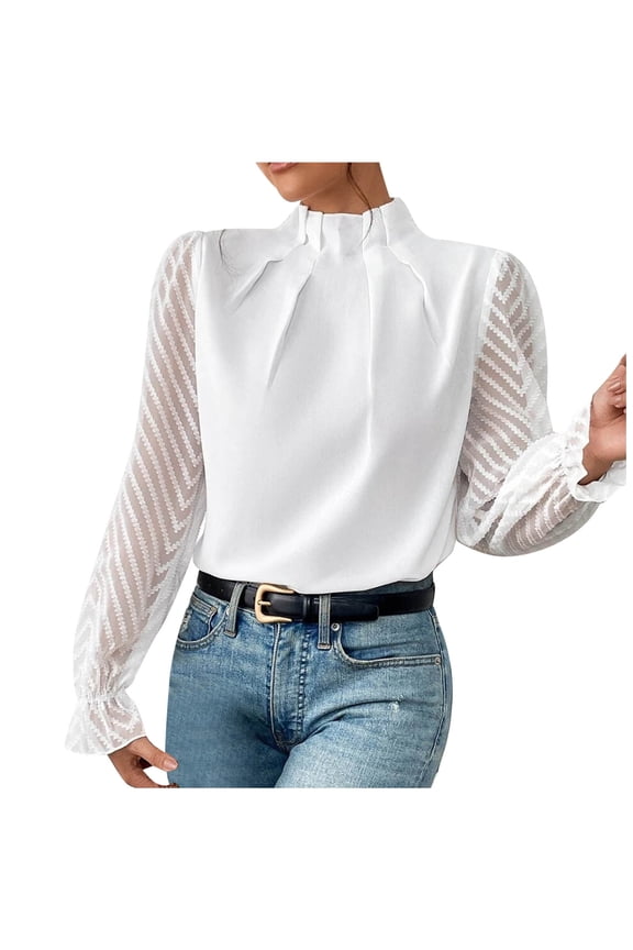 Womens Casual Chiffon Tops 2024 Fashion Elegant Solid High Neck Blouse Pleated Loose Fit Tops Dressy Patchwork Sheer Mesh Long Sleeve Tunic Tops White XL