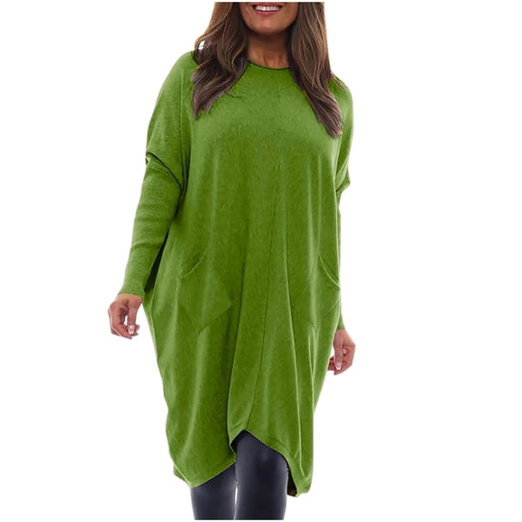 UTSJKR Womens Casual Dress with Pockets 2024 Fashion Classic Solid Crew Neck Dress Loose Fit Flowy Homewear Dress Long Sleeve Sundress Green S