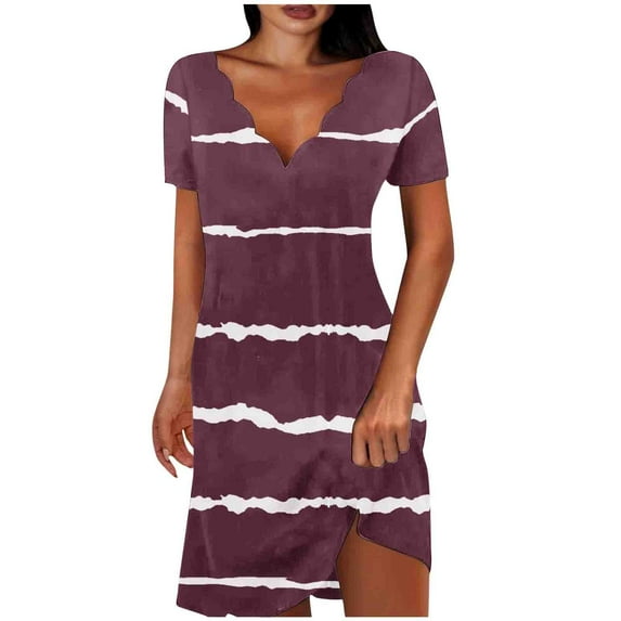 UTSJKR Womens Casual Striped Dress Short Sleeve Smocked 2024 Fashion Scalloped V Neck Sundress Vacation Loose Fit Flowy A Line Mini Cocktail Dress Red S