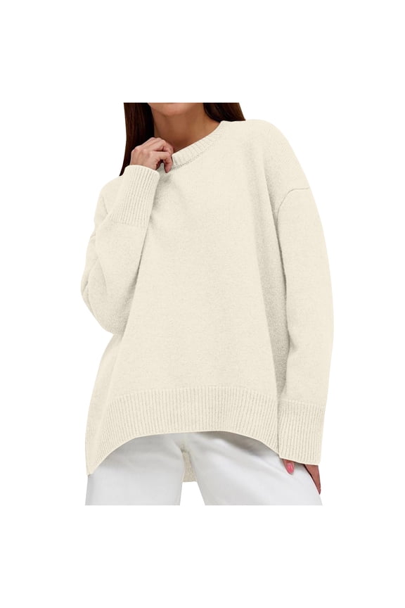 Womens Casual Sweaters Drop Shoulder Long Sleeve Tunic Tops 2024 Fashion Solid Crew Neck Blouse Fall Winter Loose Fit Soft Ribbed Knit Pullover Sweaters Tops White OneSize