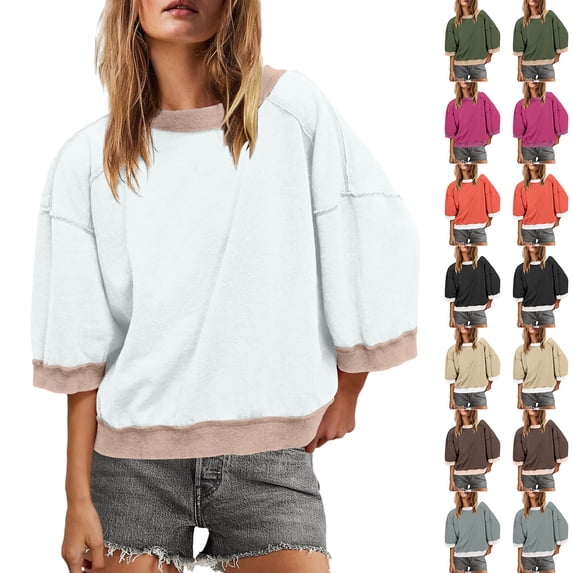 UTSJKR Womens Causal 3/4 Sleeve Lightweight Sweatshirts Oversized Crewneck Color Block Loose Shirts Spring Pullover Tops Khaki XXL