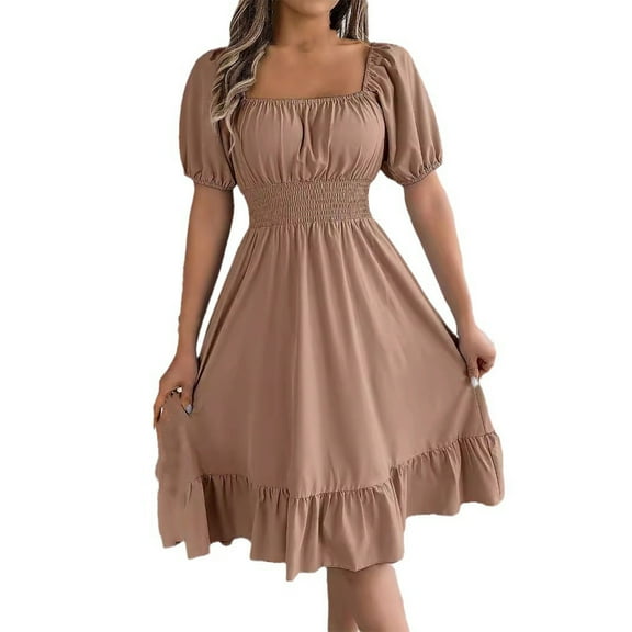 UTSJKR Womens Cocktail Party Dress Puff Short Sleeve Smocked 2024 Fashion Elegant Solid Square Neck Sundress High Waist Pleated Ruffled Hem A Line Swing Dress Khaki S