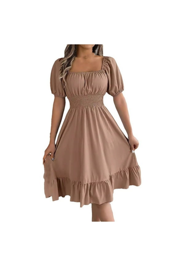 Womens Cocktail Party Dress Puff Short Sleeve Smocked 2024 Fashion Elegant Solid Square Neck Sundress High Waist Pleated Ruffled Hem A Line Swing Dress Khaki L