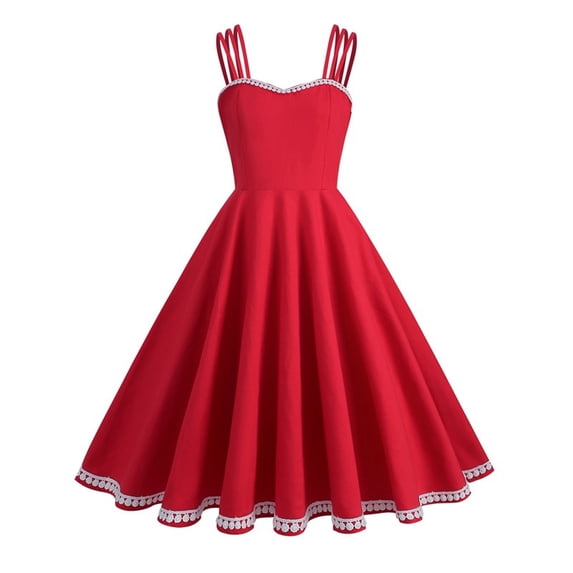 UTSJKR Womens Cocktail Party Dress Summer Basic Backless Sleeveless Sundress 2024 Fashion Lace Trim Solid Spaghetti Strap V Neck Smocked Waist Ballgown A Line Flowy Dress Red S