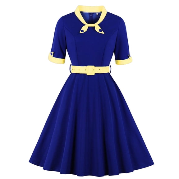 UTSJKR Womens Cocktail Party Vintage Dresses 2024 Fashion Tie Patchwork Midi Dress Belted Pleated A Line Swing Flowy Prom Dress Short Sleeve Dress Yellow L