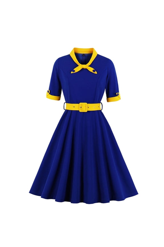 Womens Cocktail Party Vintage Dresses 2024 Fashion Tie Patchwork Midi Dress Belted Pleated A Line Swing Flowy Prom Dress Short Sleeve Dress Navy XXL