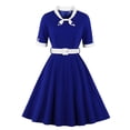 thumbnail image 1 of UTSJKR Womens Cocktail Party Vintage Dresses 2024 Fashion Tie Patchwork Midi Dress Belted Pleated A Line Swing Flowy Prom Dress Short Sleeve Dress Dark Blue XXL, 1 of 3
