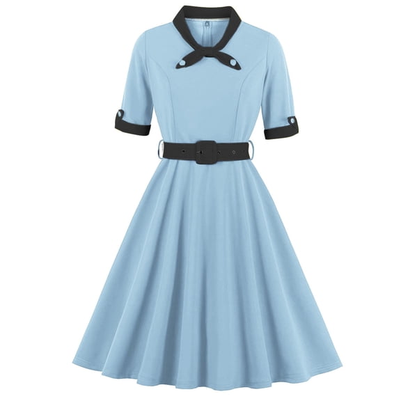 UTSJKR Womens Cocktail Party Vintage Dresses 2024 Fashion Tie Patchwork Midi Dress Belted Pleated A Line Swing Flowy Prom Dress Short Sleeve Dress Light Blue L