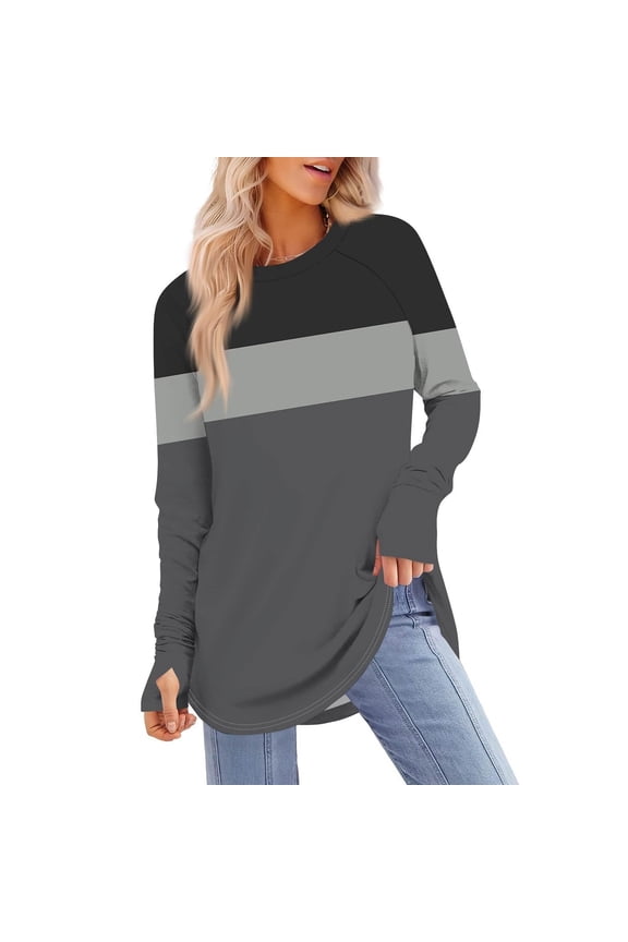 Womens Color Block Tunic Tops to Wear with Leggings Long Sleeve Thumb Hole Shirts Crew Neck Curved Hem Basic Graphic Tees Black XXL