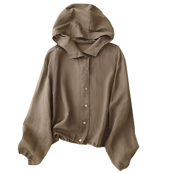 UTSJKR Womens Cotton Linen Hoodie Tops Summer Sun Protection Long Sleeve Hooded Shirt Jacket Dressy Casual Button Down Blouses Coffee M