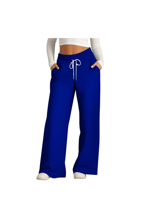 Womens Drawstring Wide Leg Sweatpants Basic Solid Color Elastic Waist Casual Athletic Track Pants with Pockets Blue XL