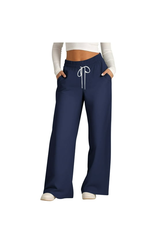 Womens Drawstring Wide Leg Sweatpants Basic Solid Color Elastic Waist Casual Athletic Track Pants with Pockets Dark Blue S