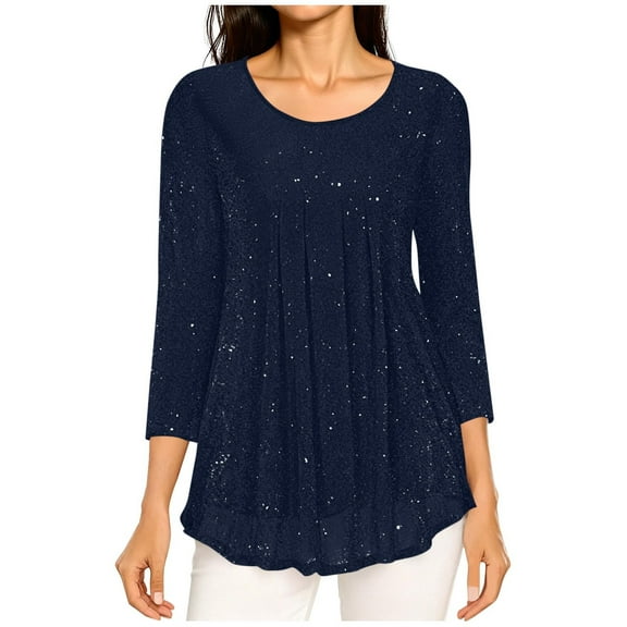 UTSJKR Womens Dressy Tops Crewneck 3/4 Sleeve Tunic Tops Pleated Front Double Layers Elastic Mesh Casual Flowy Work Shirts Navy L
