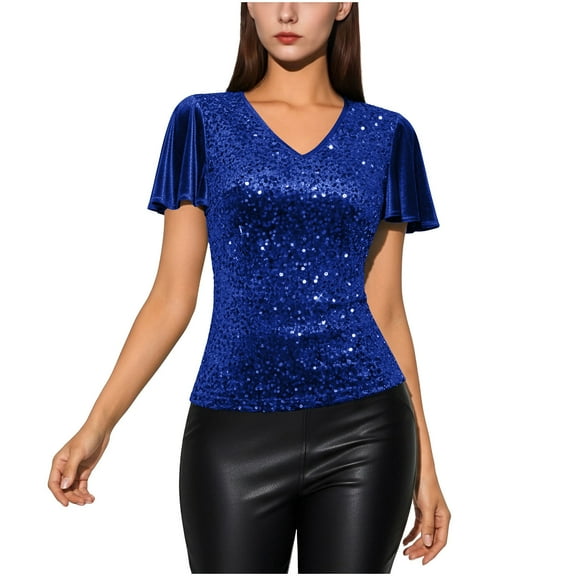 UTSJKR Womens Fashion Sequin Tops V Neck Ruffle Short Sleeve Sparkly Blouses for Party Disco Concert Outfits Blue XXL