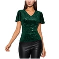 thumbnail image 1 of UTSJKR Womens Fashion Sequin Tops V Neck Ruffle Short Sleeve Sparkly Blouses for Party Disco Concert Outfits Green XXL, 1 of 9