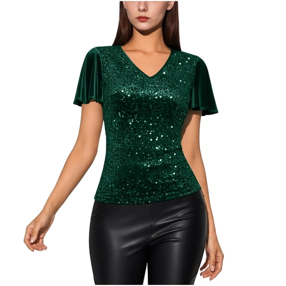 UTSJKR Womens Fashion Sequin Tops V Neck Ruffle Short Sleeve Sparkly Blouses for Party Disco Concert Outfits Green XXL