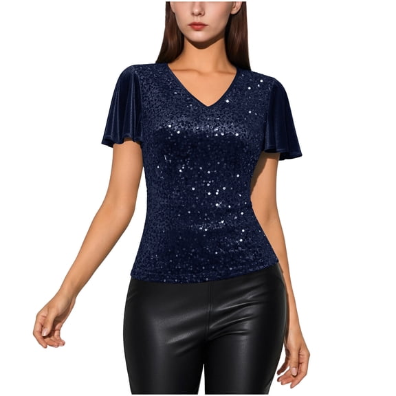 UTSJKR Womens Fashion Sequin Tops V Neck Ruffle Short Sleeve Sparkly Blouses for Party Disco Concert Outfits Navy XL