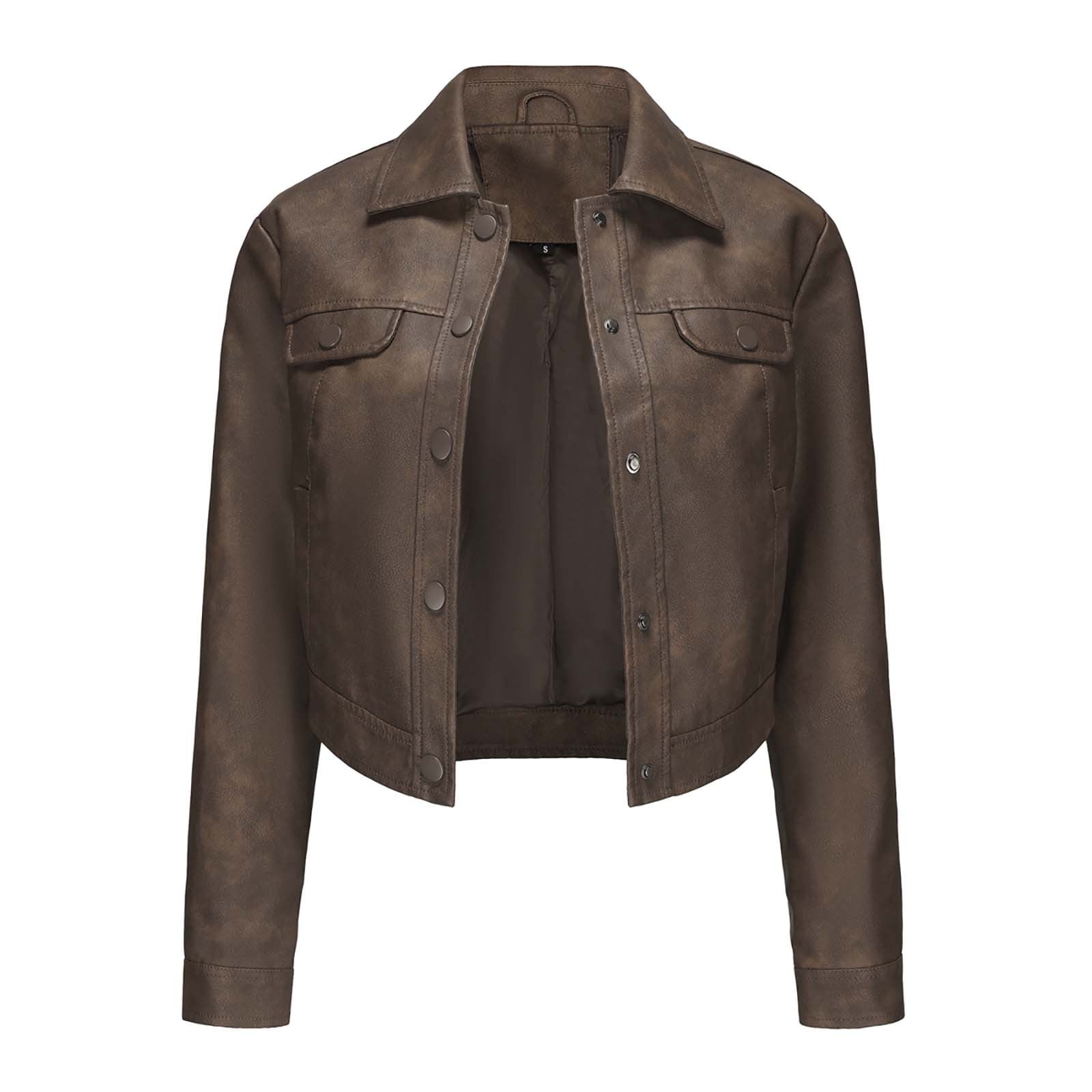 UTSJKR Womens Faux Leather Jacket 2024 Fashion Quilted Button Up Coat Motorcycle Short Biker Jackets Classic Y2k Cropped Coats Brown XXL