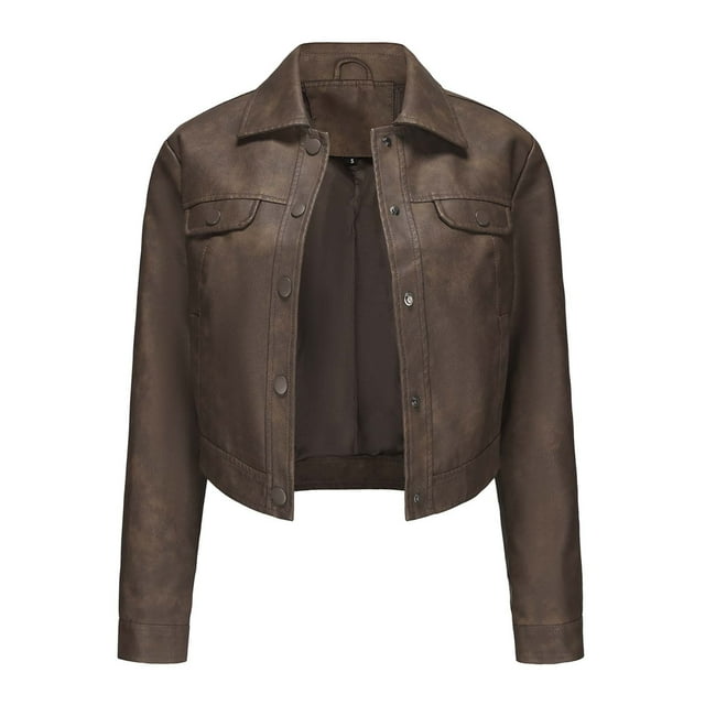 UTSJKR Womens Faux Leather Jacket 2024 Fashion Quilted Button Up Coat Motorcycle Short Biker Jackets Classic Y2k Cropped Coats Brown XXXL