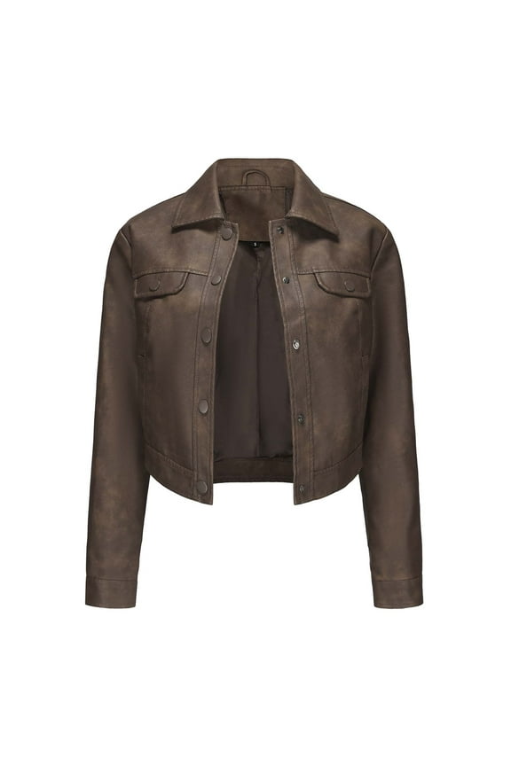 Womens Faux Leather Jacket 2024 Fashion Quilted Button Up Coat Motorcycle Short Biker Jackets Classic Y2k Cropped Coats Brown XXXL