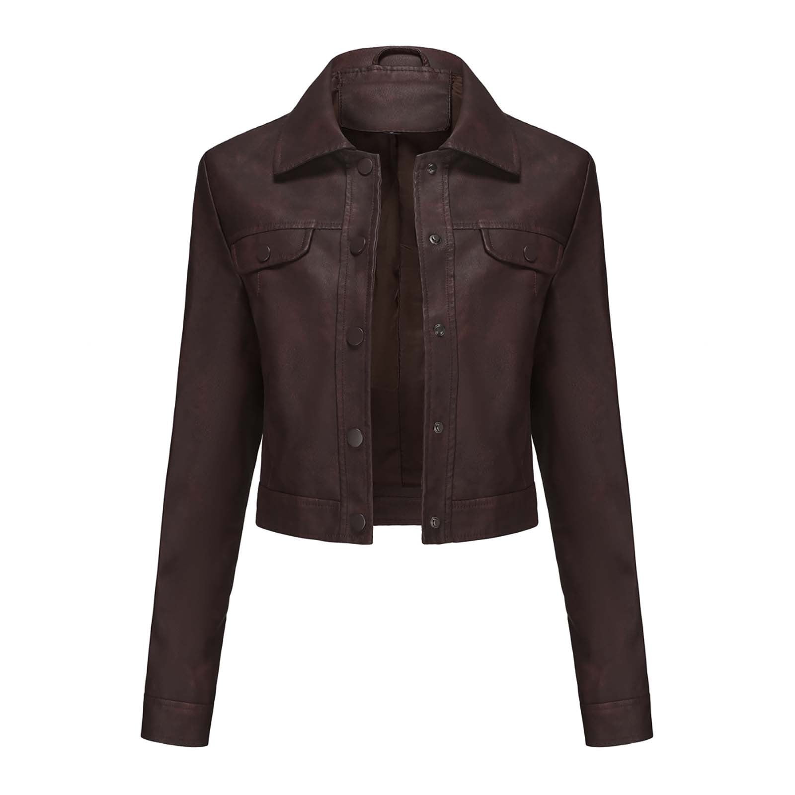 UTSJKR Womens Faux Leather Jacket 2024 Fashion Quilted Button Up Coat Motorcycle Short Biker Jackets Classic Y2k Cropped Coats Coffee S