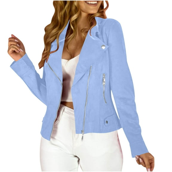 UTSJKR Womens Faux Suede Jacket Fall Winter Clothes Zipper Cropped Coat Biker Moto Jackets Solid Color Casual Outwear Light Blue M