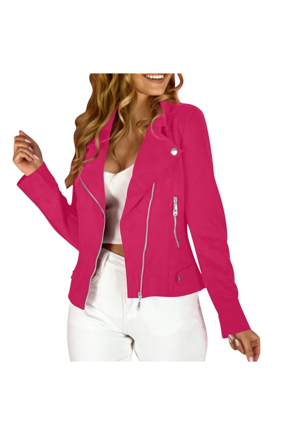 Womens Faux Suede Jacket Fall Winter Clothes Zipper Cropped Coat Biker Moto Jackets Solid Color Casual Outwear Red XXL