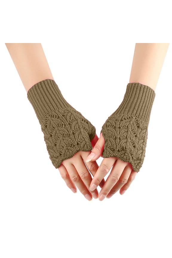 Womens Fingerless Gloves Winter Warm Knit Arm Warmers Mittens Soft Hand Crochet Wrist Warmers Thumb Hole Gloves Khaki