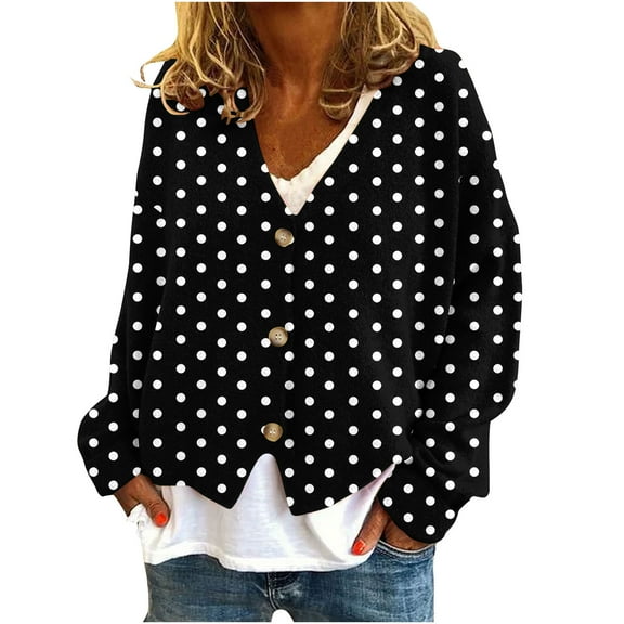 UTSJKR Womens Flannel Cardigan Polkadot Long Sleeve Button Down V Neck Fall Sweaters 0pen Front Casual Sweater Cardigans Black XXL