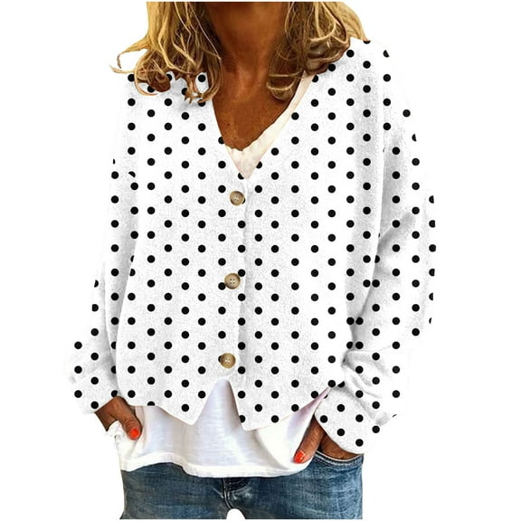 UTSJKR Womens Flannel Cardigan Polkadot Long Sleeve Button Down V Neck Fall Sweaters 0pen Front Casual Sweater Cardigans White M