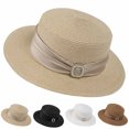 thumbnail image 1 of UTSJKR Womens Flat Crown Fedora Hat with Ruched Satin Rhinestone Buckle Band for Summer Date Night Garden Picnic Lakefront Walk Elegant Foldable Headwear Khaki, 1 of 6