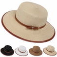thumbnail image 1 of UTSJKR Womens Flat Crown Woven Fedora Hat with Adjustable Buckle Leather Trim for Summer Coastal Trip Garden Photo Session Patio Brunch Packable Anti-UV Vacation Headwear Beige, 1 of 8