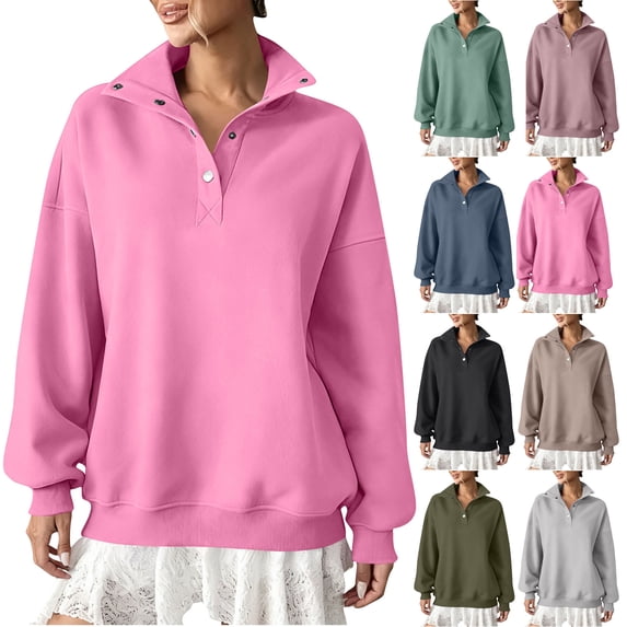 UTSJKR Womens Fleece Sweatshirts Oversized Henley Neck Collar Long Sleeve Button Sherpa Pullover Tops Spring Clothes Black XL