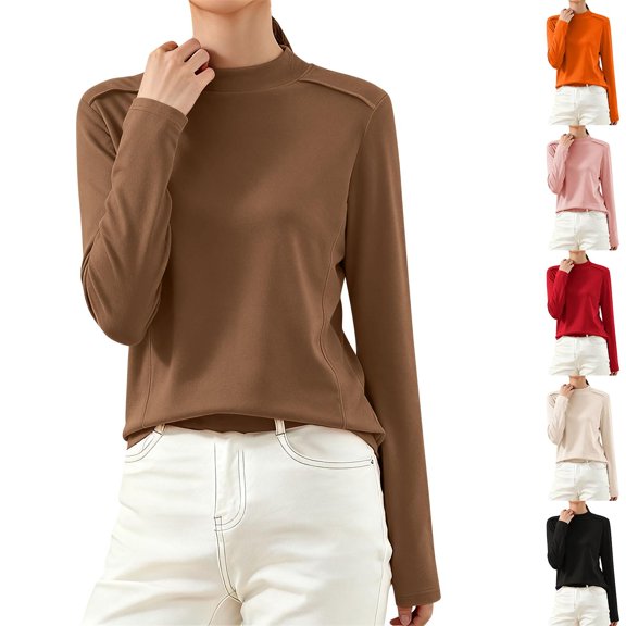 UTSJKR Womens Fleece Thermal Tops Long Sleeve Mock Neck Slim Fitted Undershirts Lightweight Casual Layer Tees Shirts Red M