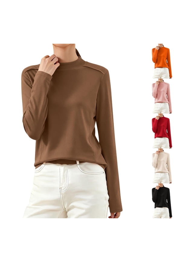Womens Fleece Thermal Tops Long Sleeve Mock Neck Slim Fitted Undershirts Lightweight Casual Layer Tees Shirts Red XL