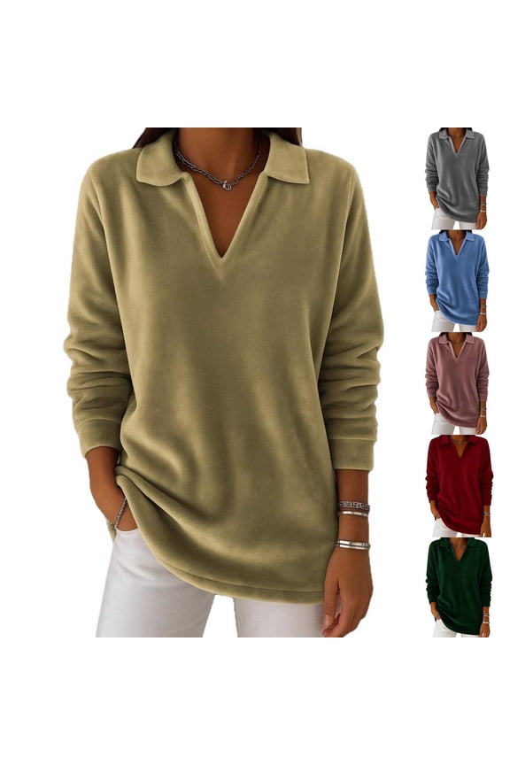 Womens Fleece Tops Collared V-Neck Long Sleeve Shirts Lightweight Soft Fuzzy Pullover Tops Casual Loose Tunic Top Army Green XXL