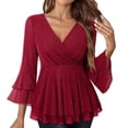 thumbnail image 1 of UTSJKR Womens Glitter Wrap Tops V Neck 3/4 Double Bell Sleeve Peplum Blouse Dressy Casual Tunic Tops Flowy Sparkly Party Shirt Red S, 1 of 6