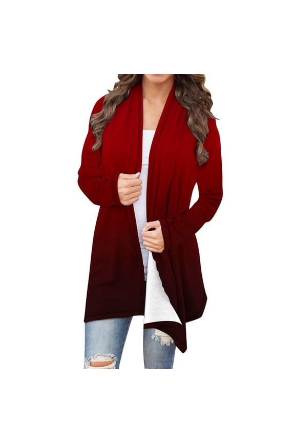 Womens Gradient Color Long Cardigan Fall Casual Open Front Long Sleeve Loose Thin Coat Beach Cover Ups Lounge Outwear Red S