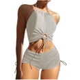 thumbnail image 1 of UTSJKR Womens Halter Crop Top Bikini Set Two Piece Drawstring High Waisted Shorts Swimsuit Rib Knitted Ruched Bathing Suit White XL, 1 of 3