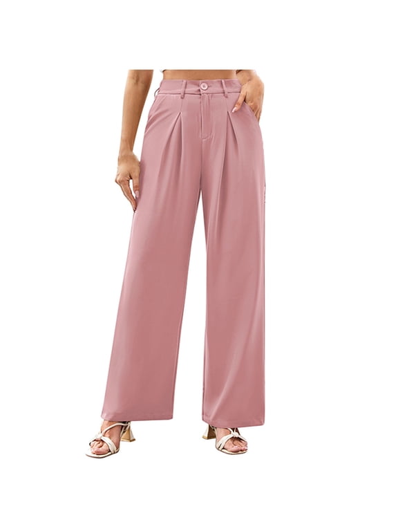 Womens High Waist Casual Wide Leg Long Palazzo Pants Classic Solid Button Down Loose Business Work Office Trousers with Pockets Pink M