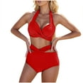 thumbnail image 1 of UTSJKR Womens High Waisted Bikini Sets Cut Out Ruched Tummy Control Bathing Suits V Neck Cute Halter 2 Piece Swimsuits Red S, 1 of 6