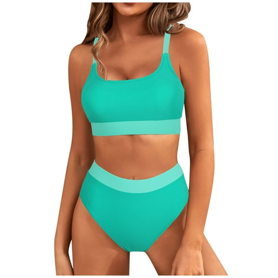 UTSJKR Womens High Waisted Bikini Sets Sporty 2 Piece Swimsuits Color Block Full Coverage Modest Tummy Control Bathing Suits Green L