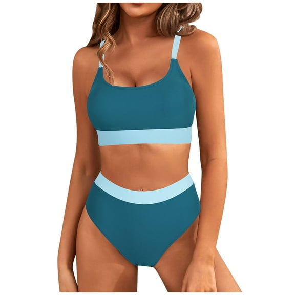 UTSJKR Womens High Waisted Bikini Sets Sporty 2 Piece Swimsuits Color Block Full Coverage Modest Tummy Control Bathing Suits Light Blue S