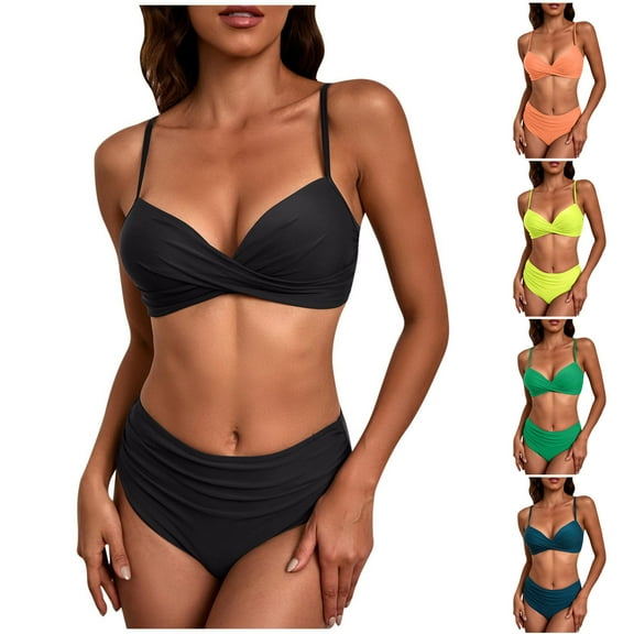 UTSJKR Womens High Waisted Bikini Sets Swimsuit Push Up Twist Front Swim Tops Ruched Bottom Beach Two Piece Bathing Suits Black L