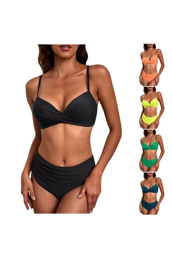 Womens High Waisted Bikini Sets Swimsuit Push Up Twist Front Swim Tops Ruched Bottom Beach Two Piece Bathing Suits Black L