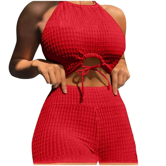 UTSJKR Womens High Waisted Bikini Sets Swimsuit Ruched Two Piece Bathing Suit Women's Solid Color Women Swim Top Shorts Red XL