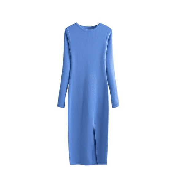 UTSJKR Womens Knit Bodycon Dresses 2024 Fashion Classic Solid Crew Neck Midi Dress Slim Fit Flowy Soft Hip Wrap Pullover Jumper Dress Long Sleeve Dress Sky Blue Free Size