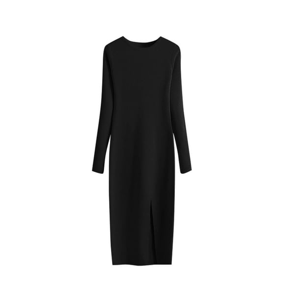 UTSJKR Womens Knit Bodycon Dresses 2024 Fashion Classic Solid Crew Neck Midi Dress Slim Fit Flowy Soft Hip Wrap Pullover Jumper Dress Long Sleeve Dress Black Free Size