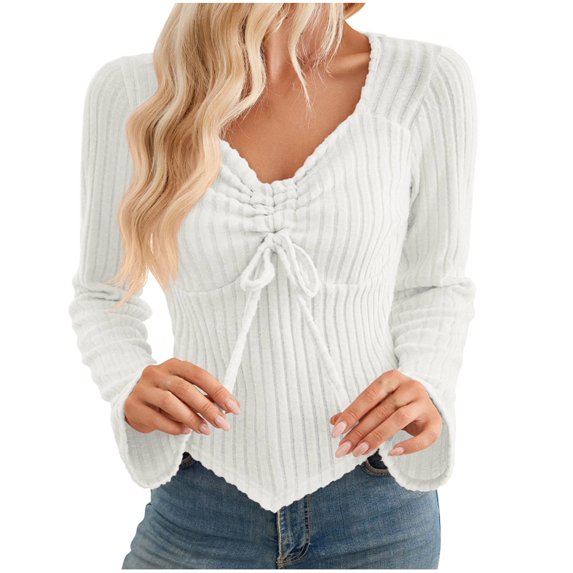 UTSJKR Womens Knit Pit Striped Crop Tops Flare Long Sleeve Tops 2024 Fashion Cute Solid Sweetheart Neck Asymmetrical Blouses Slim Fit Twist Front Drawstring Y2k Clothing White M
